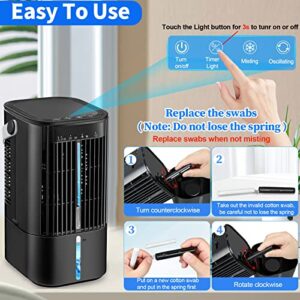 Portable Air Conditioner - Personal Mini AC Quiet Air Cooler with Handle,90° Oscillating Desktop Cooling Fan,2/4H Timer 7 Color,3 Speeds,Small Mobile Misting Fan for Home Office Work Outdoor - Black