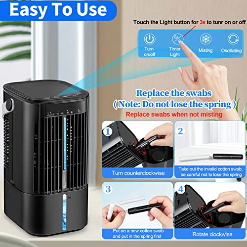 Portable Air Conditioner - Personal Mini AC Quiet Air Cooler with Handle,90° Oscillating Desktop Cooling Fan,2/4H Timer 7 Color,3 Speeds,Small Mobile Misting Fan for Home Office Work Outdoor - Black