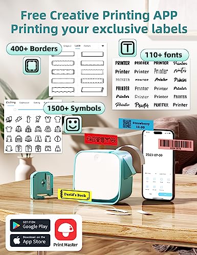 Vixic Label Maker with Tape, M960 Bluetooth Label Maker Machine, Small Mini Portable Label Makers Multiple Templates Font Icon for Home School Office Organization, Inkless Rechargeable,Green