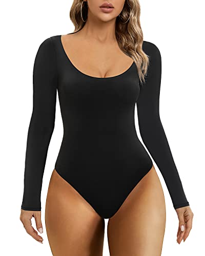 SHAPERX Women's Long Sleeve Scoop Neck Bodysuit Soft Body-Hugging T-Shirt Fits Everybody, SZ5260-Black-XS