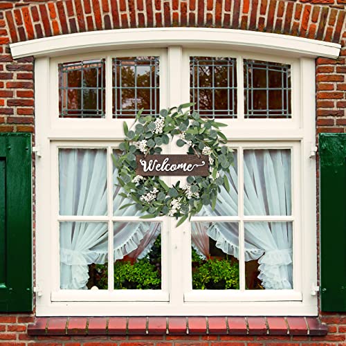 CEWOR 20in Green Eucalyptus Wreath with Welcome Sign Artificial Eucalyptus Wreath Spring Summer Wreath with White Berries for Front Door Wall Window Festival Farmhouse Porch Patio Garden Wedding Decor