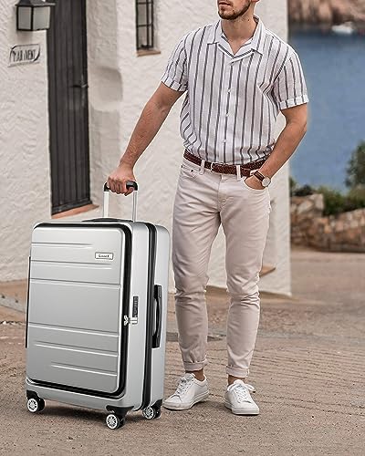LUGGEX Silver 26 Inch Luggage with Spinner Wheels, Expandable PC Hard Shell Checked Suitcase with Front Opening, Lightweight
