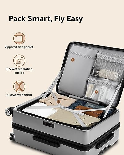 LUGGEX Silver 26 Inch Luggage with Spinner Wheels, Expandable PC Hard Shell Checked Suitcase with Front Opening, Lightweight