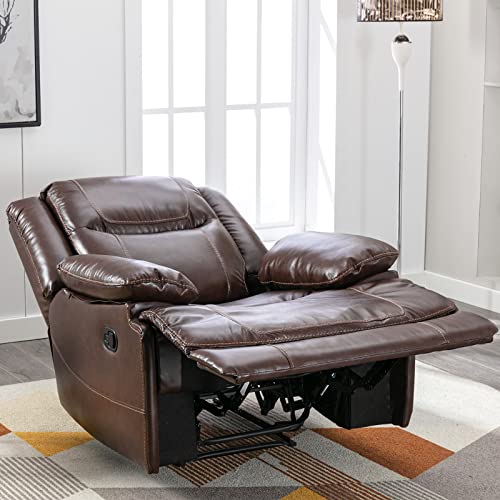 ANJHOME Genuine Leather Recliner, Manual Overstuffed Reclining Chair with Comfy Back and Arms Single Sofa for Living Room