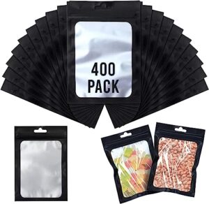 stratus88 400 pack resealable mylar bags - food storage bags - |4 x 6 inch size smell proof bag transparent front window packaging matte black baggies for small kitchen organization