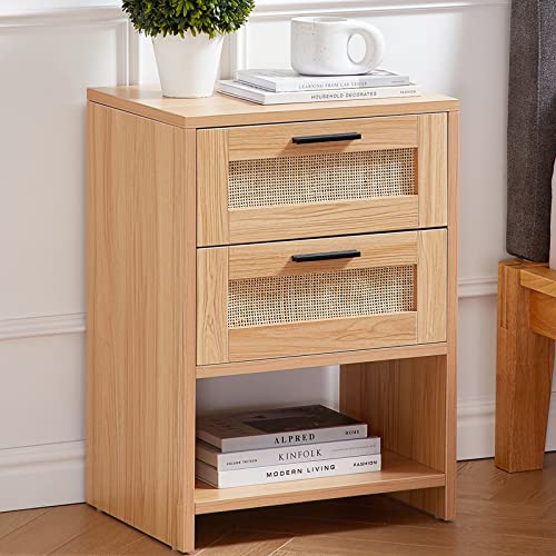 Mido Mido 2 Drawer Rattan Nightstand, Sturdy&Durable Natural Solid Wood Nightstand, End Table, Light Wood Bedside Table Wood Accent Table with Storage for Bedroom, Living Room, Natural