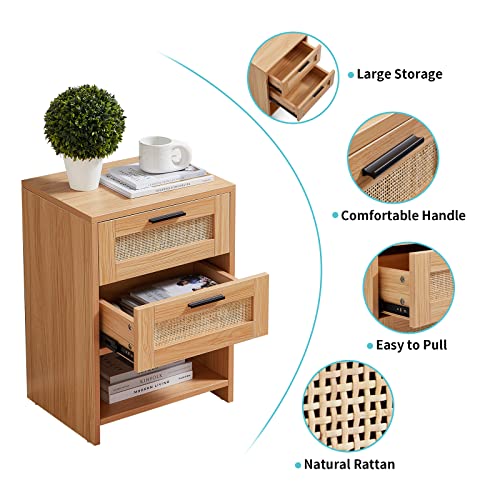 Mido Mido 2 Drawer Rattan Nightstand, Sturdy&Durable Natural Solid Wood Nightstand, End Table, Light Wood Bedside Table Wood Accent Table with Storage for Bedroom, Living Room, Natural