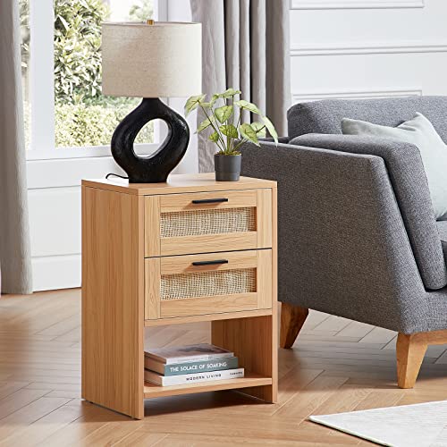 Mido Mido 2 Drawer Rattan Nightstand, Sturdy&Durable Natural Solid Wood Nightstand, End Table, Light Wood Bedside Table Wood Accent Table with Storage for Bedroom, Living Room, Natural