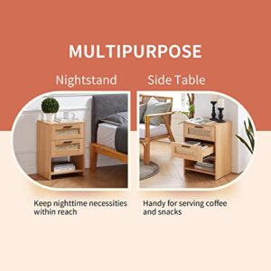 Mido Mido 2 Drawer Rattan Nightstand, Sturdy&Durable Natural Solid Wood Nightstand, End Table, Light Wood Bedside Table Wood Accent Table with Storage for Bedroom, Living Room, Natural