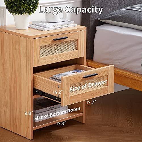 Mido Mido 2 Drawer Rattan Nightstand, Sturdy&Durable Natural Solid Wood Nightstand, End Table, Light Wood Bedside Table Wood Accent Table with Storage for Bedroom, Living Room, Natural