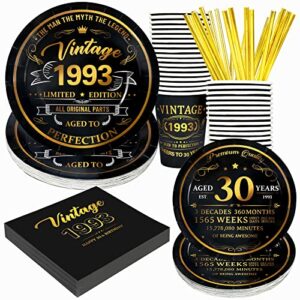 recheel 30th birthday decorations for men, vintage 1993 disposable paper plates and napkins party supplies for 24 guests, 120 pcs include 7" and 9" plates, 9oz cups, napkins and straws