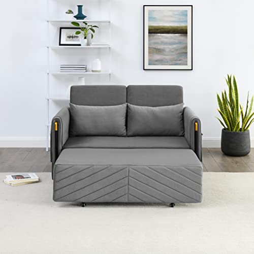 HomSof Modern Convertible Detachable Arm Pockets Velvet Loveseat Sofa with Pull Out Bed, 2 Pillows and Living Room Adjustable Backrest, Grid Design Armrests, Style D, Grey