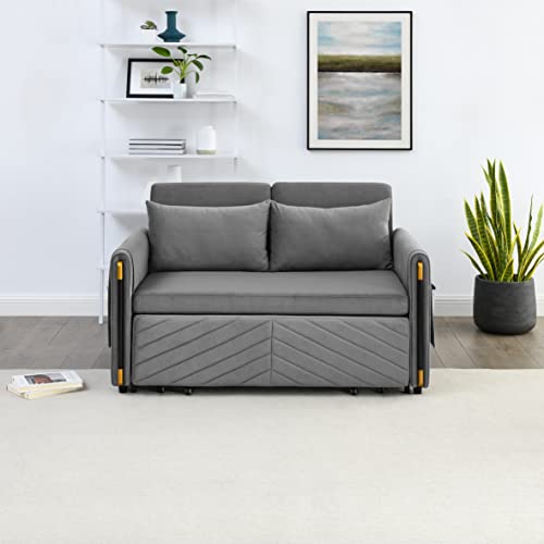 HomSof Modern Convertible Detachable Arm Pockets Velvet Loveseat Sofa with Pull Out Bed, 2 Pillows and Living Room Adjustable Backrest, Grid Design Armrests, Style D, Grey