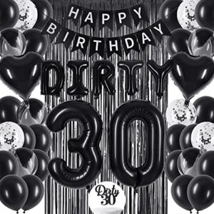 30th birthday decorations set - happy 30th birthday decorations with happy birthday banner, black foil curtains, dirty 30 balloons kit, black cake topper - 30 birthday decorations for men