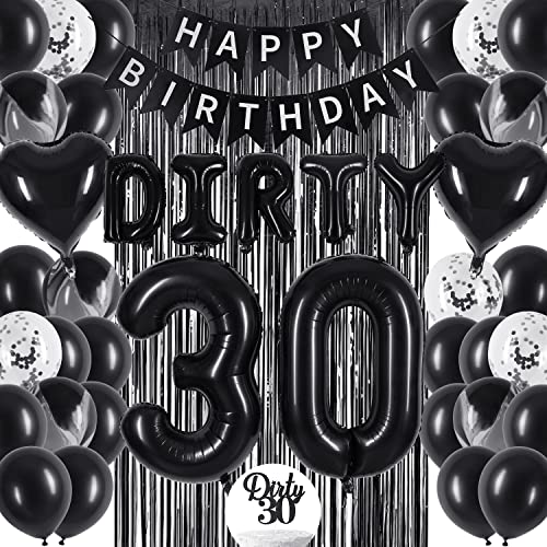 30th Birthday Decorations Set - Happy 30th Birthday Decorations with Happy Birthday Banner, Black Foil Curtains, Dirty 30 Balloons Kit, Black Cake Topper - 30 Birthday Decorations for Men