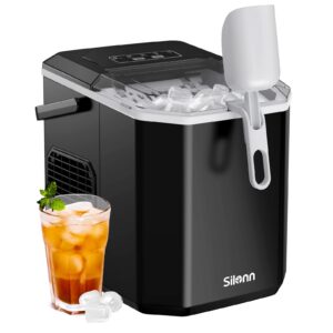 silonn ice maker countertop, portable ice machine with carry handle, self-cleaning ice makers with basket and scoop, 9 cubes in 6 mins, 26 lbs per day, ideal for home, kitchen, camping, rv