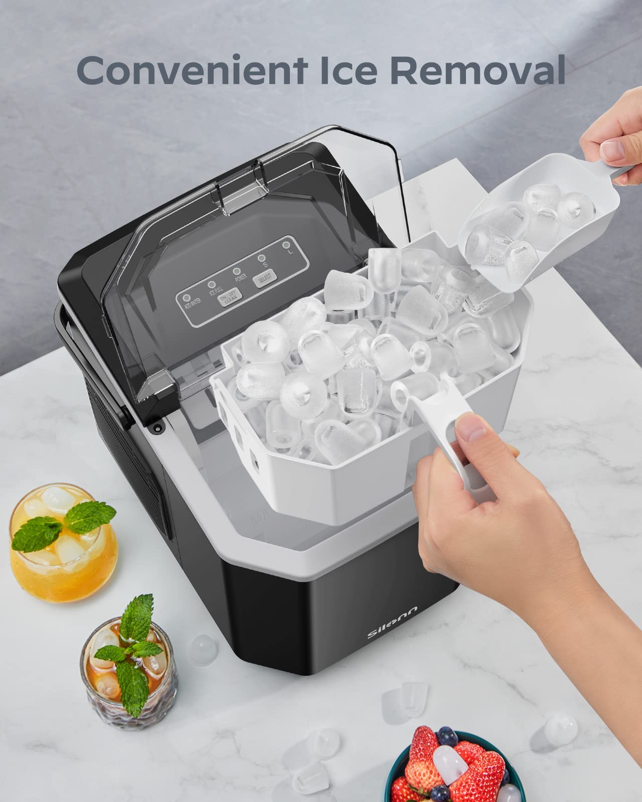 Silonn Ice Maker Countertop, Portable Ice Machine with Carry Handle, Self-Cleaning Ice Makers with Basket and Scoop, 9 Cubes in 6 Mins, 26 lbs per Day, Ideal for Home, Kitchen, Camping, RV