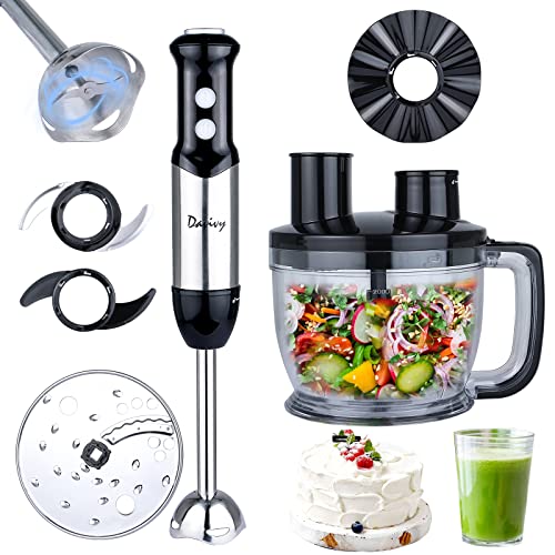 Davivy Immersion Blender Handheld, 6-in-1 Hand Blender Combo, 8 Cup Food Processors Stepless Control 304 Stainless Steel Stick Meat Chopping,Emulsifying,Mixing,Doughing,Slicing,Shreding for Homeuse,Black,500W (8-CUP Hand Blender Combo)