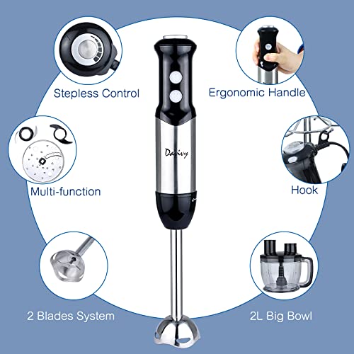 Davivy Immersion Blender Handheld, 6-in-1 Hand Blender Combo, 8 Cup Food Processors Stepless Control 304 Stainless Steel Stick Meat Chopping,Emulsifying,Mixing,Doughing,Slicing,Shreding for Homeuse,Black,500W (8-CUP Hand Blender Combo)