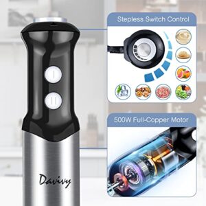 Davivy Immersion Blender Handheld, 6-in-1 Hand Blender Combo, 8 Cup Food Processors Stepless Control 304 Stainless Steel Stick Meat Chopping,Emulsifying,Mixing,Doughing,Slicing,Shreding for Homeuse,Black,500W (8-CUP Hand Blender Combo)