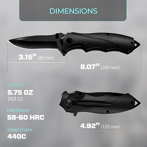 Tactical Knife for Men - Black Pocket Knife - Best Spring Assisted Knife with Glass Breaker and Pocket Clip - Cool Folding Knives for Military Work Self Defense Camping - Birthday Gifts for Dad 6495 B