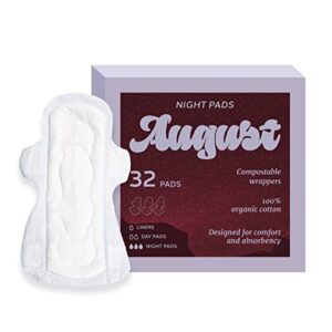 august organic menstrual night pads, 100% certified organic cotton, compostable wrappers, toxin free, fragrance free, hypoallergenic, 32 pads