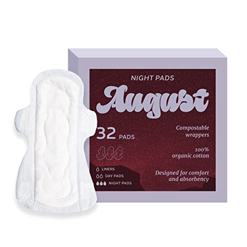 August Organic Menstrual Night Pads, 100% Certified Organic Cotton, Compostable Wrappers, Toxin Free, Fragrance Free, Hypoallergenic, 32 Pads