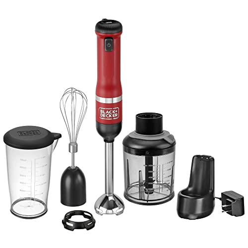 BLACK+DECKER Kitchen Wand Cordless Immersion Blender, 3 in 1 Multi Tool Set, Hand Blender with Charging Dock, Whisk, and Chopper, Red (BCKM1013K06)