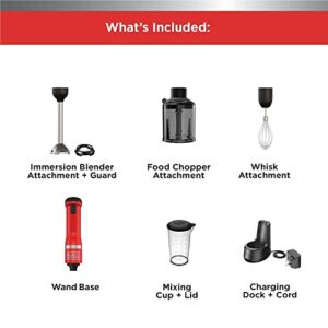 BLACK+DECKER Kitchen Wand Cordless Immersion Blender, 3 in 1 Multi Tool Set, Hand Blender with Charging Dock, Whisk, and Chopper, Red (BCKM1013K06)