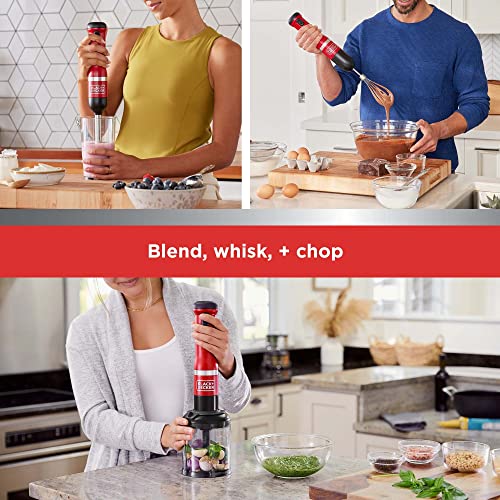 BLACK+DECKER Kitchen Wand Cordless Immersion Blender, 3 in 1 Multi Tool Set, Hand Blender with Charging Dock, Whisk, and Chopper, Red (BCKM1013K06)