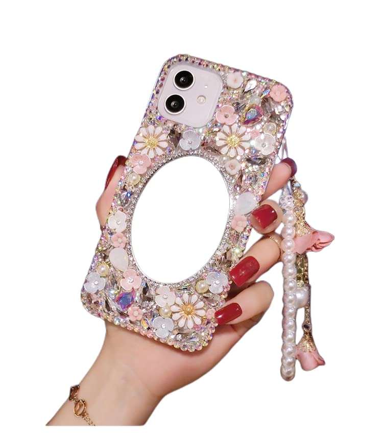 redecarie for Galaxy Note 10 Plus Bling Diamond Rhinestone Mirror Case,Women Girls Cute 3D Glitter Shiny Sparkle Protective Floral Phone Case with Lanyard for Samsung Galaxy Note 10 Plus