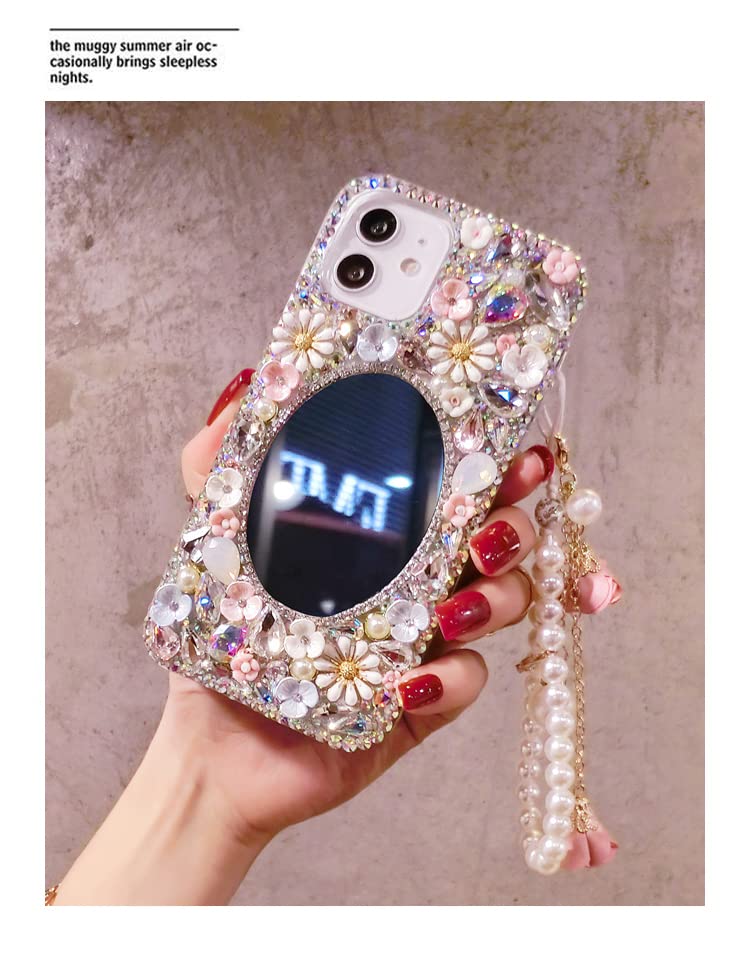 redecarie for Galaxy Note 10 Plus Bling Diamond Rhinestone Mirror Case,Women Girls Cute 3D Glitter Shiny Sparkle Protective Floral Phone Case with Lanyard for Samsung Galaxy Note 10 Plus