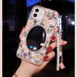 redecarie for Galaxy Note 10 Plus Bling Diamond Rhinestone Mirror Case,Women Girls Cute 3D Glitter Shiny Sparkle Protective Floral Phone Case with Lanyard for Samsung Galaxy Note 10 Plus