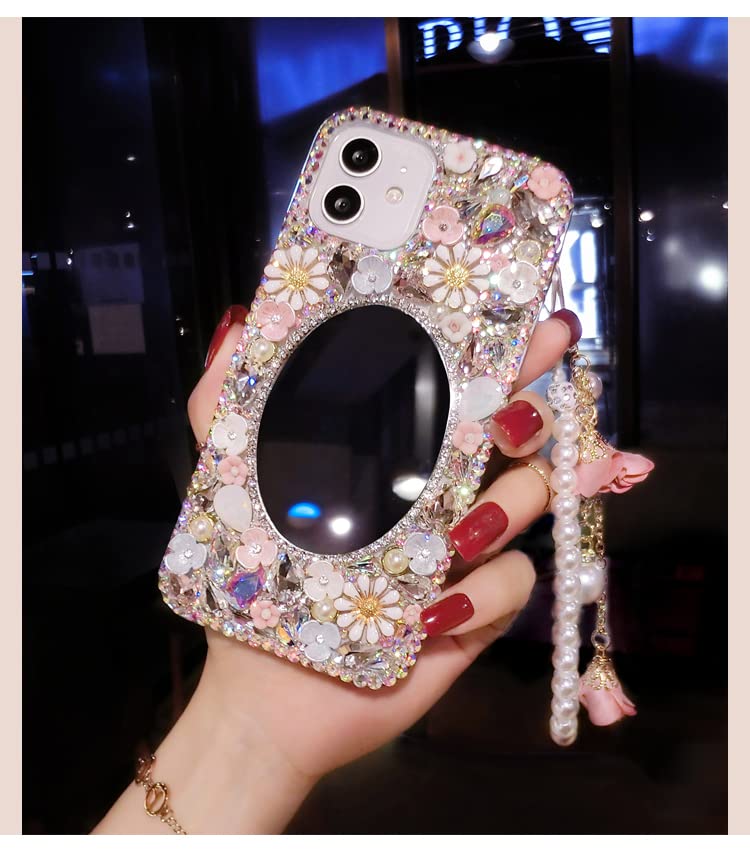 redecarie for Galaxy Note 10 Plus Bling Diamond Rhinestone Mirror Case,Women Girls Cute 3D Glitter Shiny Sparkle Protective Floral Phone Case with Lanyard for Samsung Galaxy Note 10 Plus