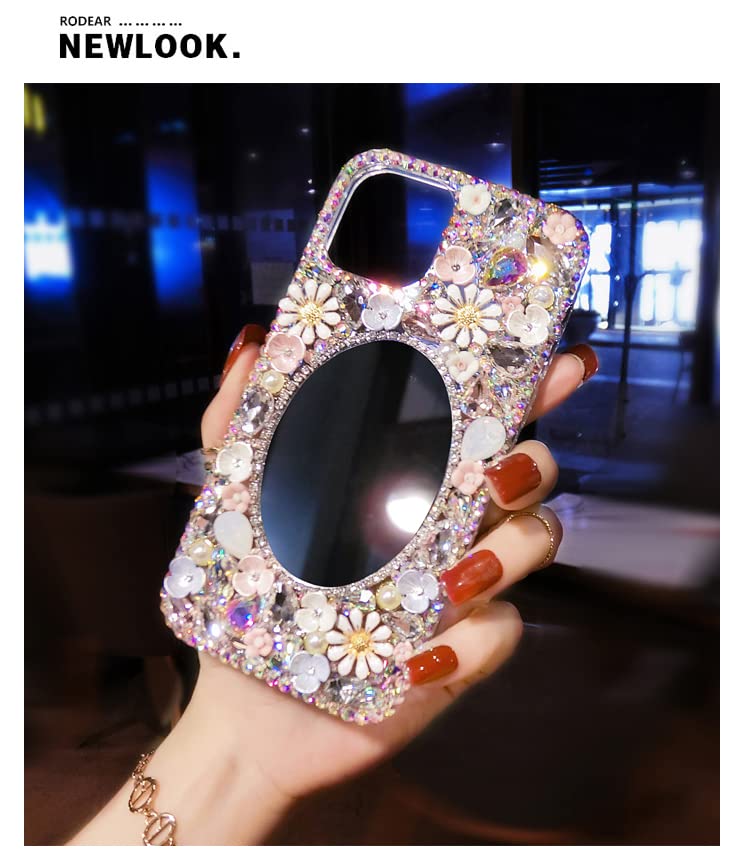 redecarie for Galaxy Note 10 Plus Bling Diamond Rhinestone Mirror Case,Women Girls Cute 3D Glitter Shiny Sparkle Protective Floral Phone Case with Lanyard for Samsung Galaxy Note 10 Plus