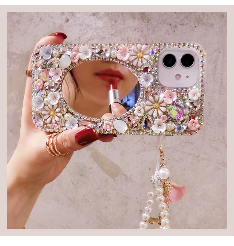 redecarie for Galaxy Note 10 Plus Bling Diamond Rhinestone Mirror Case,Women Girls Cute 3D Glitter Shiny Sparkle Protective Floral Phone Case with Lanyard for Samsung Galaxy Note 10 Plus