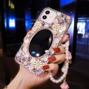 redecarie for Galaxy Note 10 Plus Bling Diamond Rhinestone Mirror Case,Women Girls Cute 3D Glitter Shiny Sparkle Protective Floral Phone Case with Lanyard for Samsung Galaxy Note 10 Plus