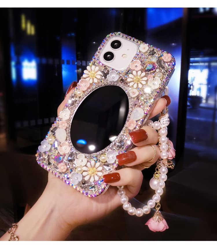 redecarie for Galaxy Note 10 Plus Bling Diamond Rhinestone Mirror Case,Women Girls Cute 3D Glitter Shiny Sparkle Protective Floral Phone Case with Lanyard for Samsung Galaxy Note 10 Plus