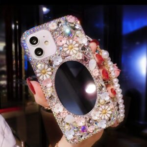 redecarie for Galaxy Note 10 Plus Bling Diamond Rhinestone Mirror Case,Women Girls Cute 3D Glitter Shiny Sparkle Protective Floral Phone Case with Lanyard for Samsung Galaxy Note 10 Plus