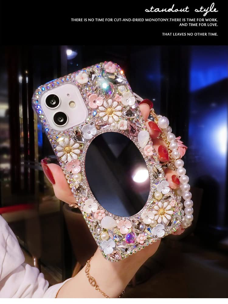 redecarie for Galaxy Note 10 Plus Bling Diamond Rhinestone Mirror Case,Women Girls Cute 3D Glitter Shiny Sparkle Protective Floral Phone Case with Lanyard for Samsung Galaxy Note 10 Plus