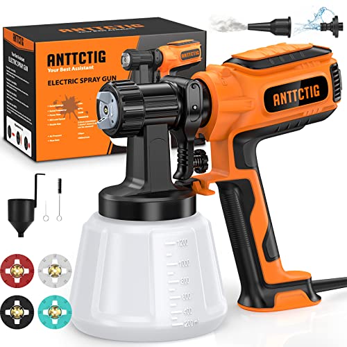 Anttctig Paint Sprayer, 700W High Power HVLP Spray Gun with 4 Copper Nozzles, 3 Patterns, Electric Paint Gun with Cleaning&Blowing Function for Home Interior Exterior, Furniture, Fence, Walls, Cabinet