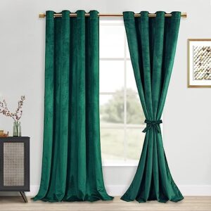 dwcn dark green blackout velvet curtains 84 inches- refresh bundleable heavy duty thermal insulated noise absorb grommet window panels for bedroom/living room backdrop decor, w52 x l84, set of 2