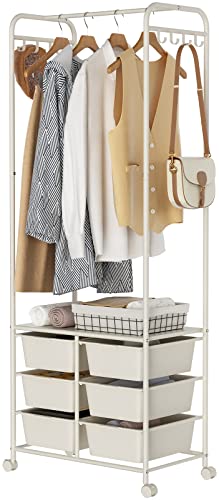 Ytaoka White Clothes Rack with 6 Drawers and 8 Side Hooks, Rolling Clothing Racks for Hanging Clothes with Wheels, Heavy Duty Metal Garment Rack, Standing Clothes Hanger Rack, Easy to Assemble