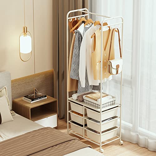 Ytaoka White Clothes Rack with 6 Drawers and 8 Side Hooks, Rolling Clothing Racks for Hanging Clothes with Wheels, Heavy Duty Metal Garment Rack, Standing Clothes Hanger Rack, Easy to Assemble