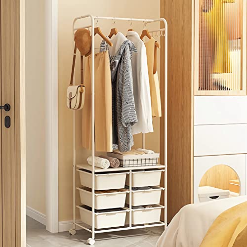 Ytaoka White Clothes Rack with 6 Drawers and 8 Side Hooks, Rolling Clothing Racks for Hanging Clothes with Wheels, Heavy Duty Metal Garment Rack, Standing Clothes Hanger Rack, Easy to Assemble