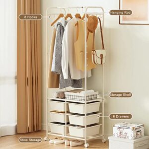 Ytaoka White Clothes Rack with 6 Drawers and 8 Side Hooks, Rolling Clothing Racks for Hanging Clothes with Wheels, Heavy Duty Metal Garment Rack, Standing Clothes Hanger Rack, Easy to Assemble