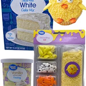 Spring Chick Cupcake Decorating Kit for ADORABLE Baby Chick Cupcakes! White Cake Mix, Vanilla Frosting, White Cupcake Liners and Candy Eyes, Orange Candy Beak, Yellow Candy Wings and Yellow Sprinkles. Cute Easter Spring Cupcake Decorations for Family, Kid