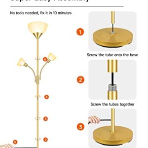 Gold Floor Lamps for Living Room, Bright Standing Lamp, 70.5" Tall Pole Lamp with 3 Lights, Modern Torchiere Tree Floor Lamp, Rotate Switch, 2700K LED Beads, 50,000hrs Lifespan,Corner Lamp for Bedroom