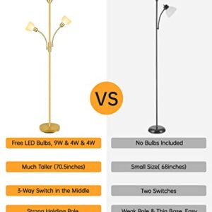 Gold Floor Lamps for Living Room, Bright Standing Lamp, 70.5" Tall Pole Lamp with 3 Lights, Modern Torchiere Tree Floor Lamp, Rotate Switch, 2700K LED Beads, 50,000hrs Lifespan,Corner Lamp for Bedroom