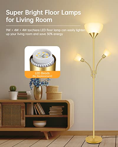 Gold Floor Lamps for Living Room, Bright Standing Lamp, 70.5" Tall Pole Lamp with 3 Lights, Modern Torchiere Tree Floor Lamp, Rotate Switch, 2700K LED Beads, 50,000hrs Lifespan,Corner Lamp for Bedroom